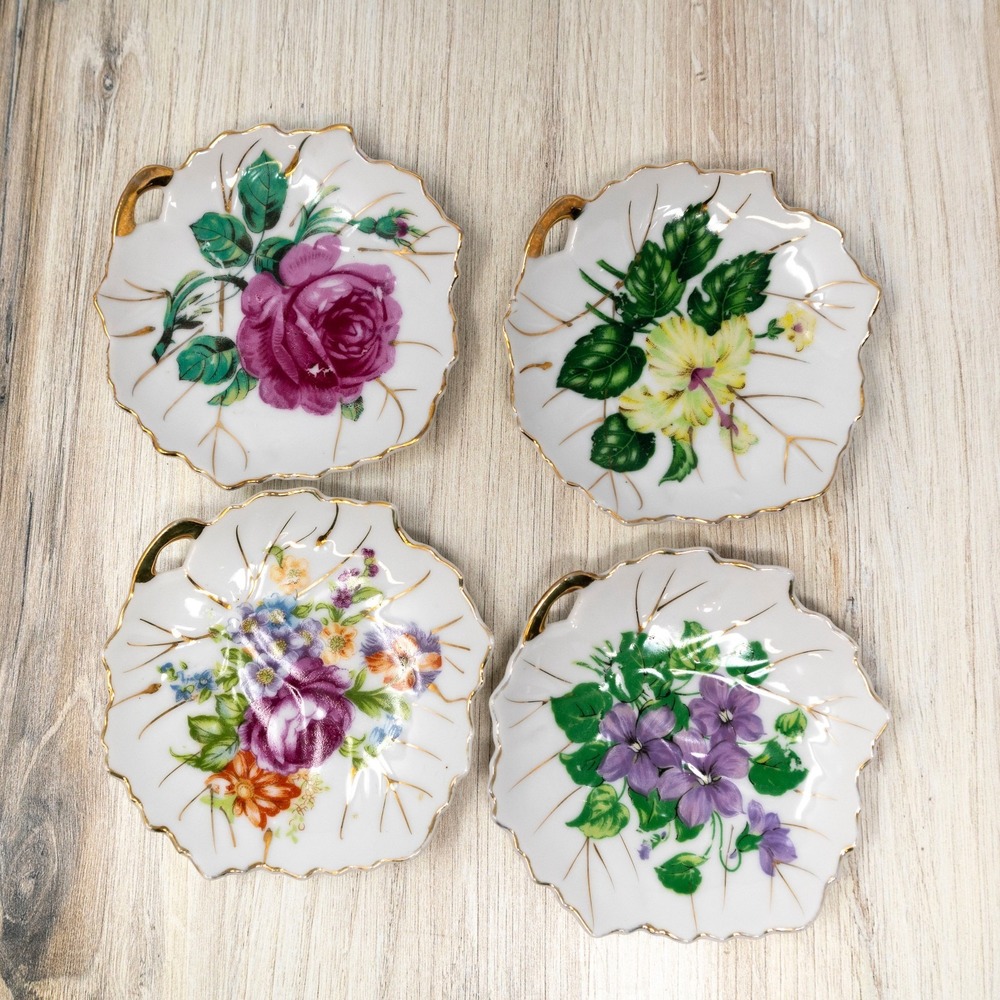 Vintage Nasco Japan Floral Porcelain Nut Candy Dishes Gold Trim Set of 4